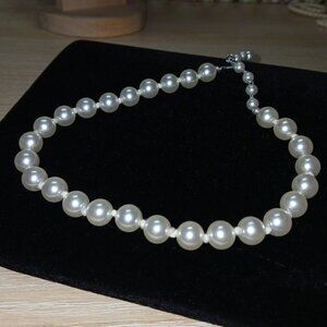 Silver Tone White Faux Pearl Beads Japan Vintage Necklace Costume Jewelry #109